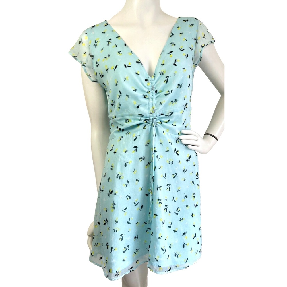 Leith Light Blue Floral Ruched Drawstring Mini Dress Coquette Medium Fairycore